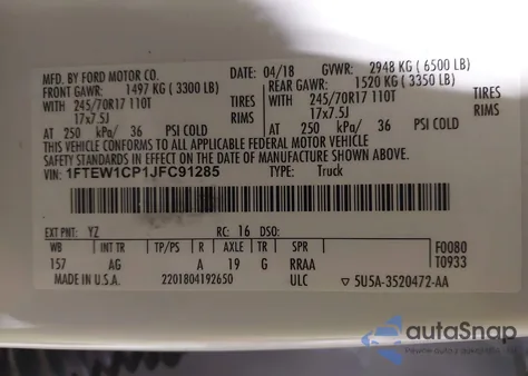 2018 Ford F-150 Xl z USA, uszkodzony, nr VIN 1FTEW1CP1JFC91285